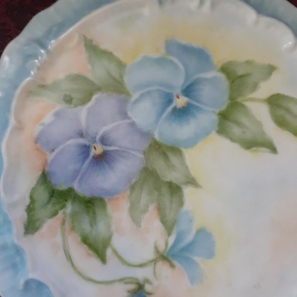 vintage Hand painted blue flower ceramic wall plate painting art pansy porcelain - Picture 7 of 9